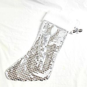 Silver Sequin Christmas Stocking White Faux Fur Top